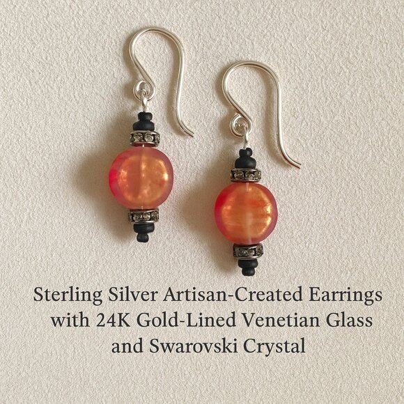 Artisan Sterling Silver Swarovski Crystal 24K Gold Lined Venetian Glass Earrings - Picture 1 of 2